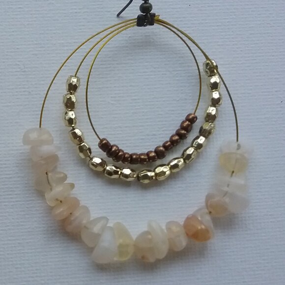 Large Boho Hoop Earrings Gold, Brown, & Natural Beads - Pre Owned - Picture 2 of 3